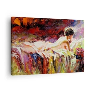 Obraz na płótnie - Kobieta na tle abstrakcyjnych kolorów leżąca na łóżku - 70x50cm - Zamyślona Wenus - Nowoczesna dekoracja ścienna do salonu i sypialni ARTTOR