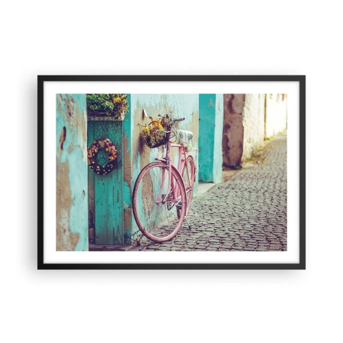 Plakat w czarnej ramie - Różowy rower przy turkusowych drzwiach - 70x50cm - Zaraz wracam - Nowoczesna dekoracja ścienna do salonu i sypialni ARTTOR