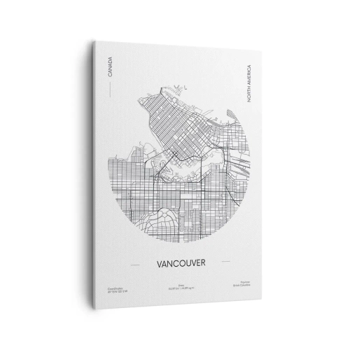 Obraz na płótnie - Minimalistyczna mapa Vancouver w czarnych liniach na białym tle - 50x70cm - Anatomia Vancouver - Nowoczesna dekoracja ścienna do salonu, kuchni i sypialni ARTTOR