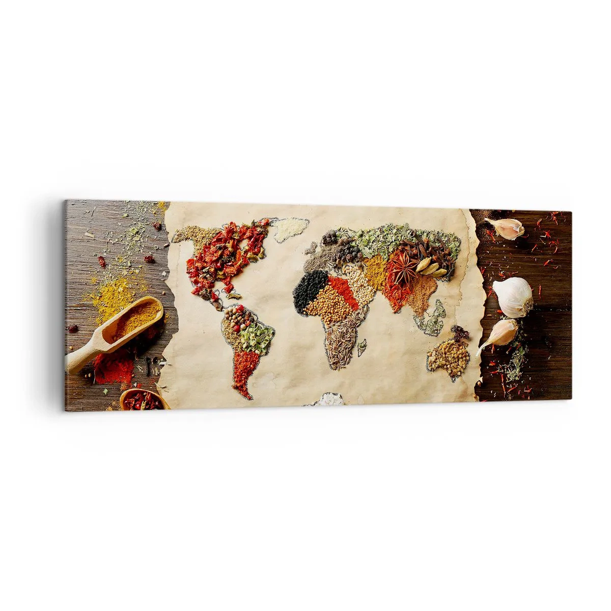 Obraz na płótnie - Mapa świata wykonana z przypraw na drewnianym tle - 140x50cm - Wszystkie smaki świata - Nowoczesna dekoracja ścienna do salonu i sypialni ARTTOR