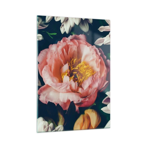 Obraz na szkle - Zbliżenie na piwonie i chryzantemy w pastelowych odcieniach - 50x70cm - Z barokowym przepychem - Nowoczesna dekoracja ścienna do salonu, kuchni i sypialni ARTTOR