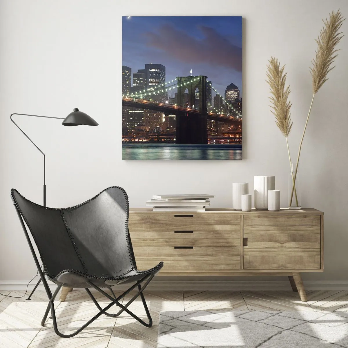 Obraz na szkle - Panorama miasta z mostem oświetlonym nocnymi światłami - 50x70cm - Rozjarzona noc - Nowoczesna dekoracja ścienna do salonu, kuchni i sypialni ARTTOR