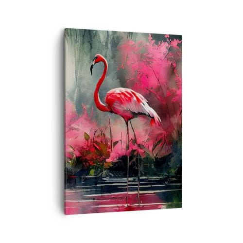 Obraz na płótnie - Różowy flaming w otoczeniu intensywnie różowej roślinności - 50x70cm - Lekcja naturalnego wdzięku - Nowoczesna dekoracja ścienna do salonu, kuchni i sypialni ARTTOR