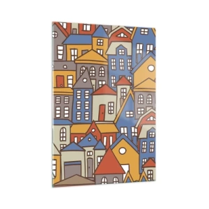 Obraz na szkle - Kolorowe domki w stylu graficznym tworzące wesoły krajobraz - 50x70cm - Za domem dom - Nowoczesna dekoracja ścienna do salonu, kuchni i sypialni ARTTOR