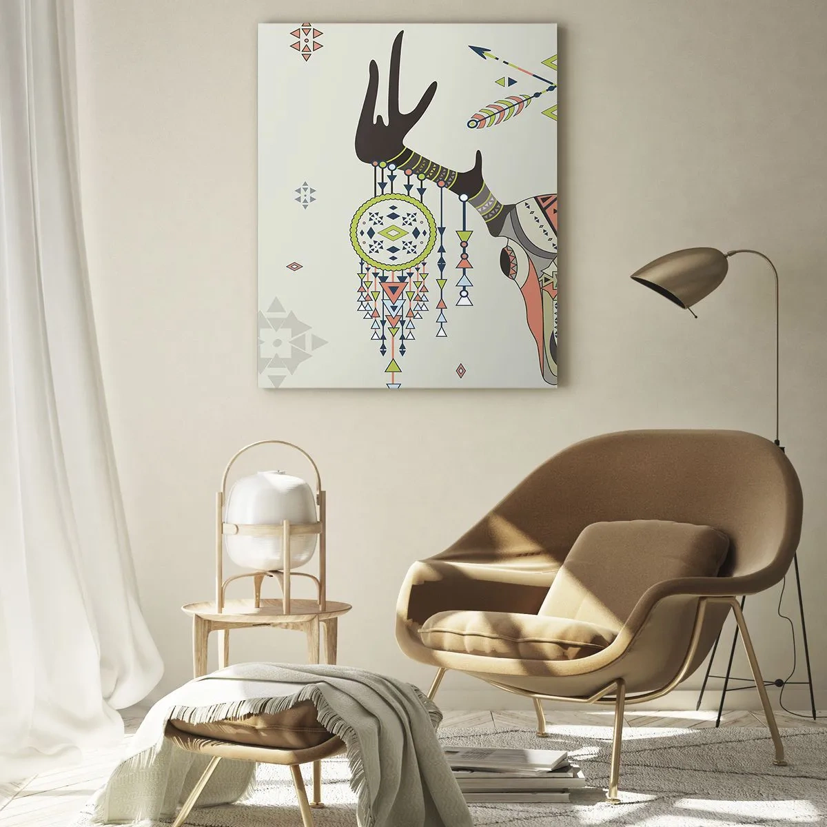 Obraz na szkle - Symboliczne rogi i wzory indiańskie na jasnym tle - 50x70cm - Trofeum indiańskiego łowcy - Nowoczesna dekoracja ścienna do salonu, kuchni i sypialni ARTTOR