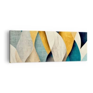 Obraz na płótnie - Abstrakcyjne fale w odcieniach niebieskiego i złota - 140x50cm - Rytm i falowanie - Nowoczesna dekoracja ścienna do salonu i sypialni ARTTOR