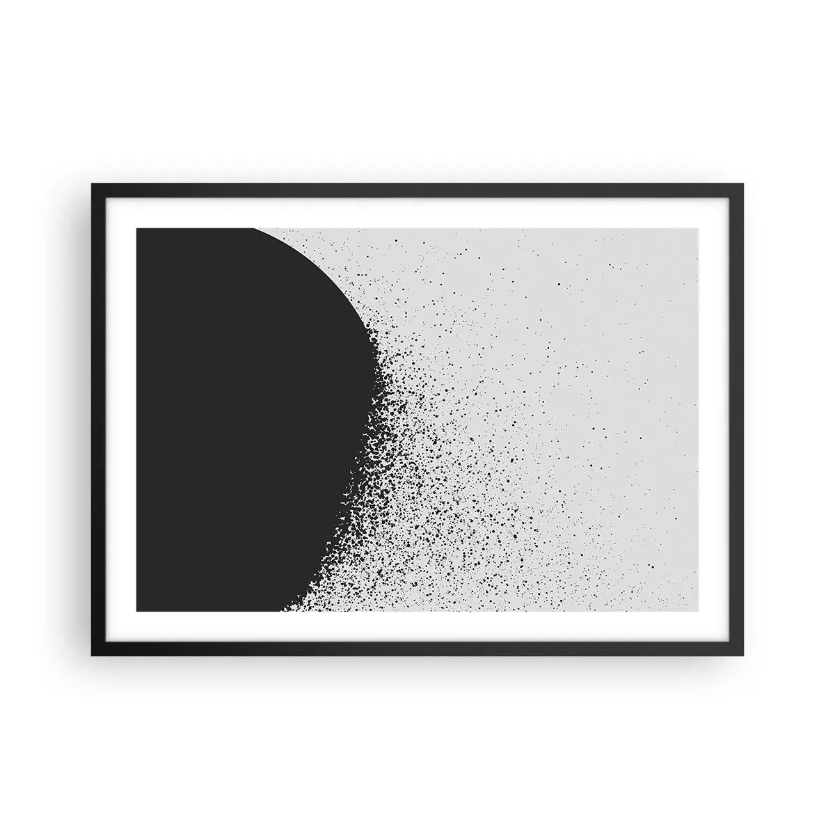 Plakat w czarnej ramie - Abstrakcyjny wzór z czarnymi cząstkami na jasnym tle - 70x50cm - Ruch cząsteczek - Nowoczesna dekoracja ścienna do salonu i sypialni ARTTOR