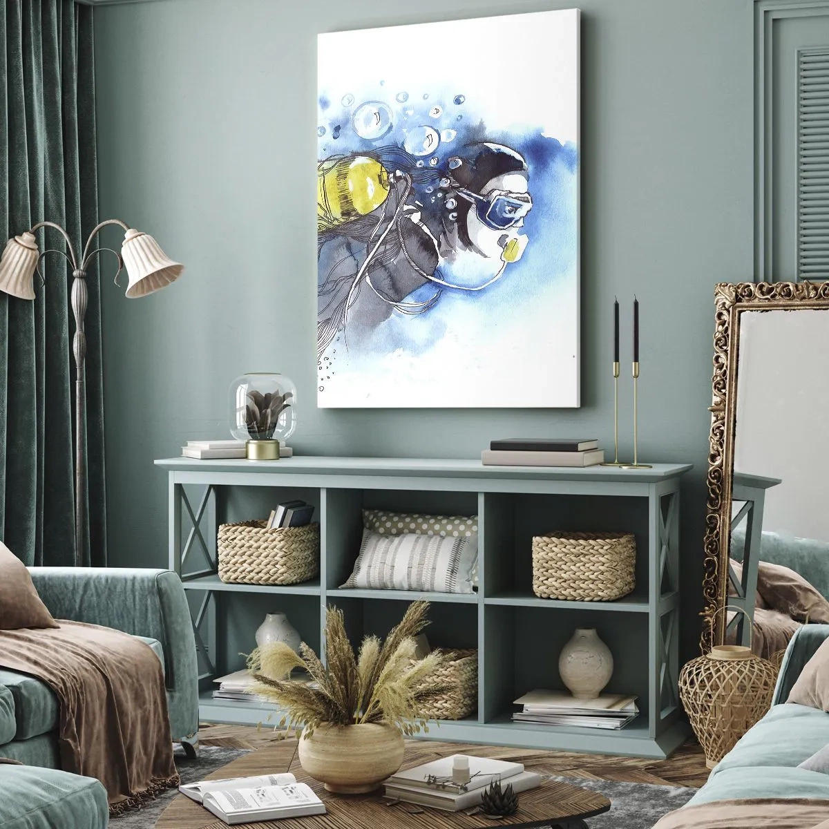 Obraz na płótnie - Nurkowanie w oceanie z widocznymi bąbelkami i akwalungiem - 50x70cm - Wielki błękit - Nowoczesna dekoracja ścienna do salonu, kuchni i sypialni ARTTOR
