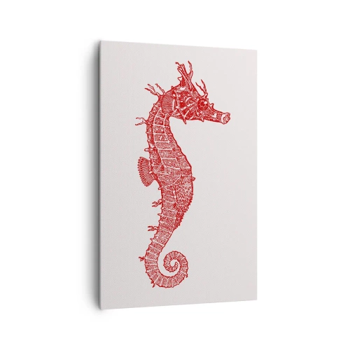 Obraz na płótnie - Czerwony rysunek konika morskiego na jasnym tle - 80x120cm - Misterne stworzenie - Nowoczesna dekoracja ścienna do salonu i sypialni ARTTOR