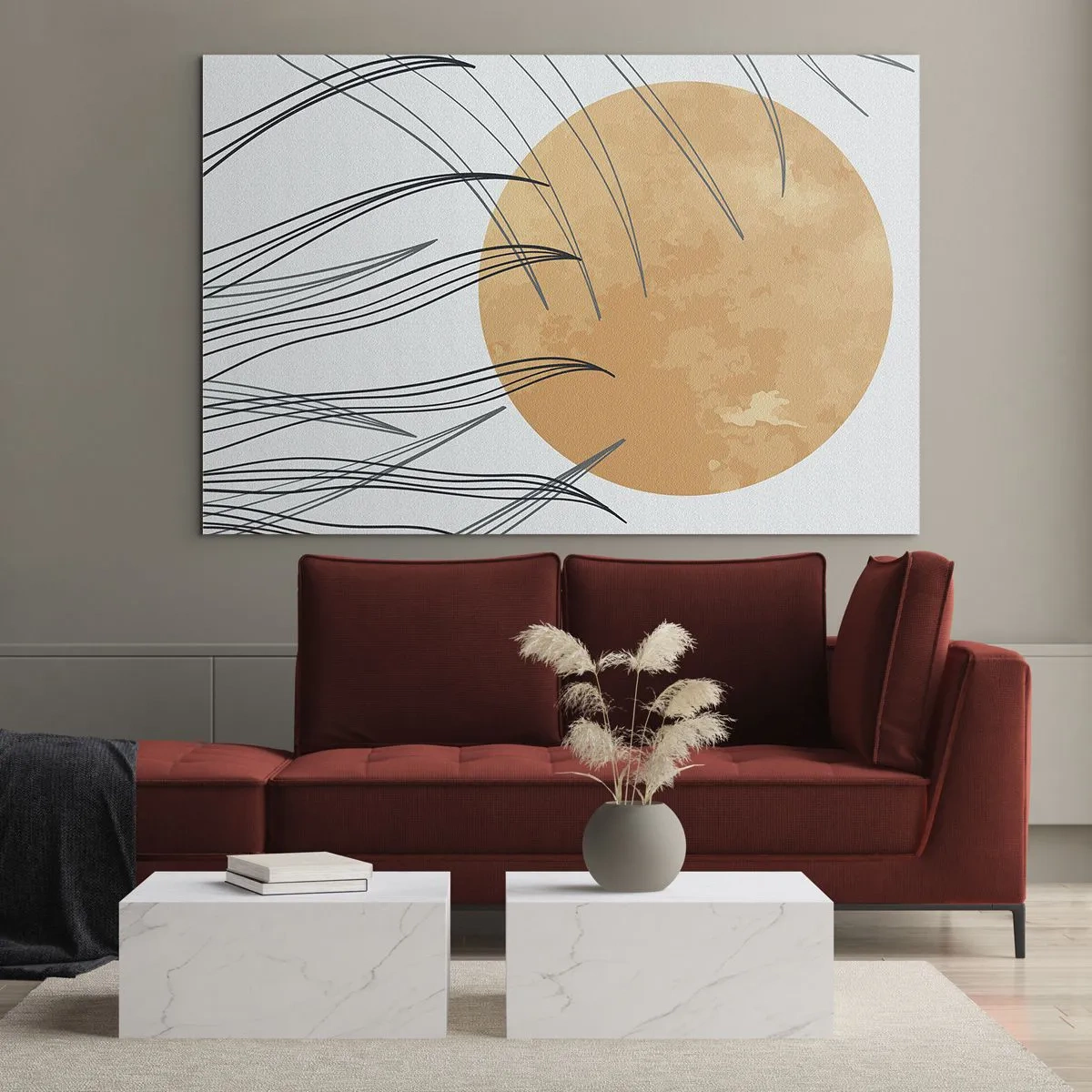 Obraz na szkle - Pomarańczowe słońce z dynamicznymi liniami na jasnym tle - 70x50cm - Zawsze ku słońcu - Nowoczesna dekoracja ścienna do salonu i sypialni ARTTOR