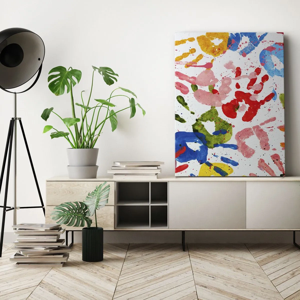 Obraz na płótnie - Kolorowe odciski dłoni na białym tle w stylu abstrakcyjnym - 50x70cm - Idź po śladach - Nowoczesna dekoracja ścienna do salonu, kuchni i sypialni ARTTOR