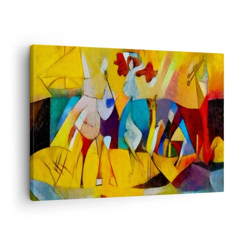 Obraz na płótnie - Kolorowa abstrakcja przedstawiająca postacie w geometrycznej formie - 70x50cm - Słońce - życie - radość - Nowoczesna dekoracja ścienna do salonu i sypialni ARTTOR