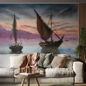 Fototapeta Premium Sand - Malownicze żaglówki na tle zachodzącego słońca - 100x70cm - Wieczór w porcie - Nowoczesna dekoracja ścienna do salonu, kuchni i sypialni ARTTOR