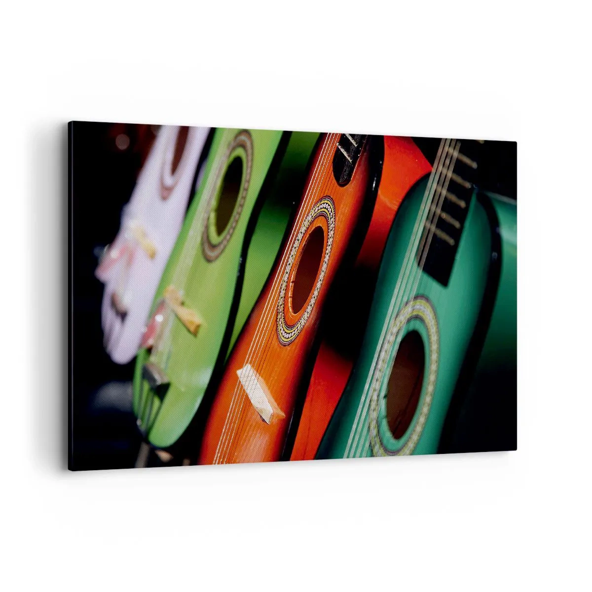 Obraz na płótnie - Kolorowe gitary w różnych odcieniach ułożone w szeregu - 120x80cm - Gitara ma wiele barw - Nowoczesna dekoracja ścienna do salonu, kuchni i sypialni ARTTOR