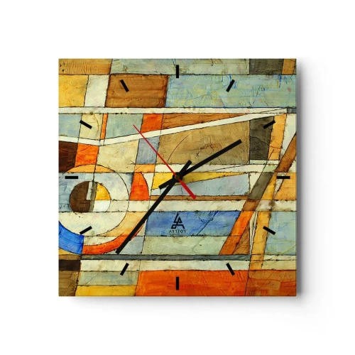 Zegar ścienny - Geometryczna abstrakcja w odcieniach beżu, błękitu i pomarańczy - 30x30cm - Kubizm na budowie - Nowoczesna dekoracja ścienna do salonu i sypialni ARTTOR