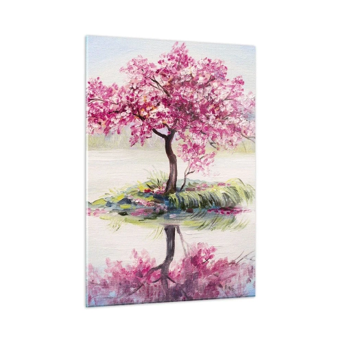 Obraz na szkle - Różowe drzewo na wyspie odbijające się w spokojnej wodzie - 50x70cm - Święto wiosny - Nowoczesna dekoracja ścienna do salonu, kuchni i sypialni ARTTOR