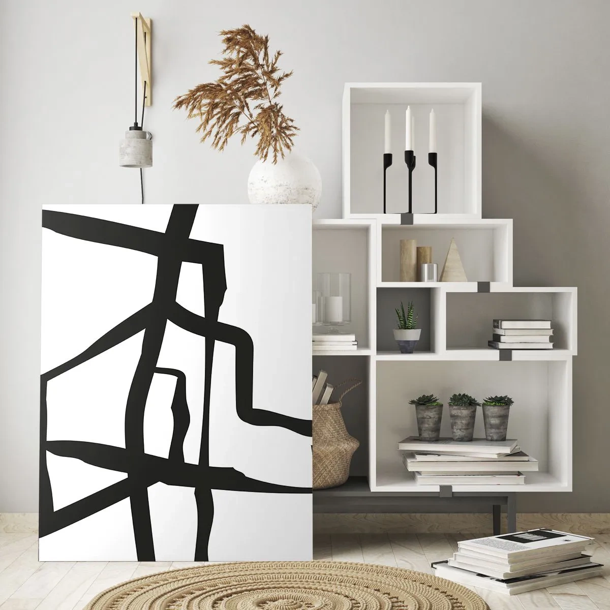 Obraz na szkle - Minimalistyczny czarno-biały wzór z geometrycznymi liniami - 80x120cm - Czarno-biała konstrukcja - Nowoczesna dekoracja ścienna do salonu i sypialni ARTTOR