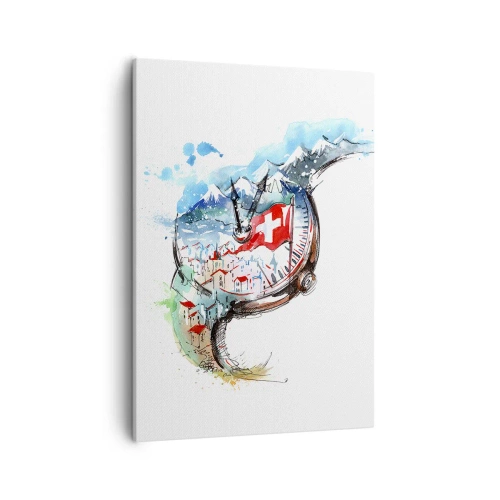 Obraz na płótnie - Akwarelowy zegarek kieszonkowy z krajobrazem Szwajcarii i Alp - 50x70cm - Duch Szwajcarii - Nowoczesna dekoracja ścienna do salonu, kuchni i sypialni ARTTOR