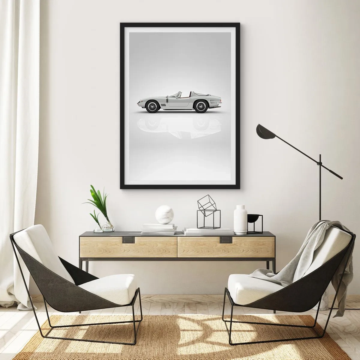 Plakat w czarnej ramie - Klasyczny biały kabriolet na neutralnym tle - 50x70cm - Obietnica zabawy - Nowoczesna dekoracja ścienna do salonu i sypialni ARTTOR