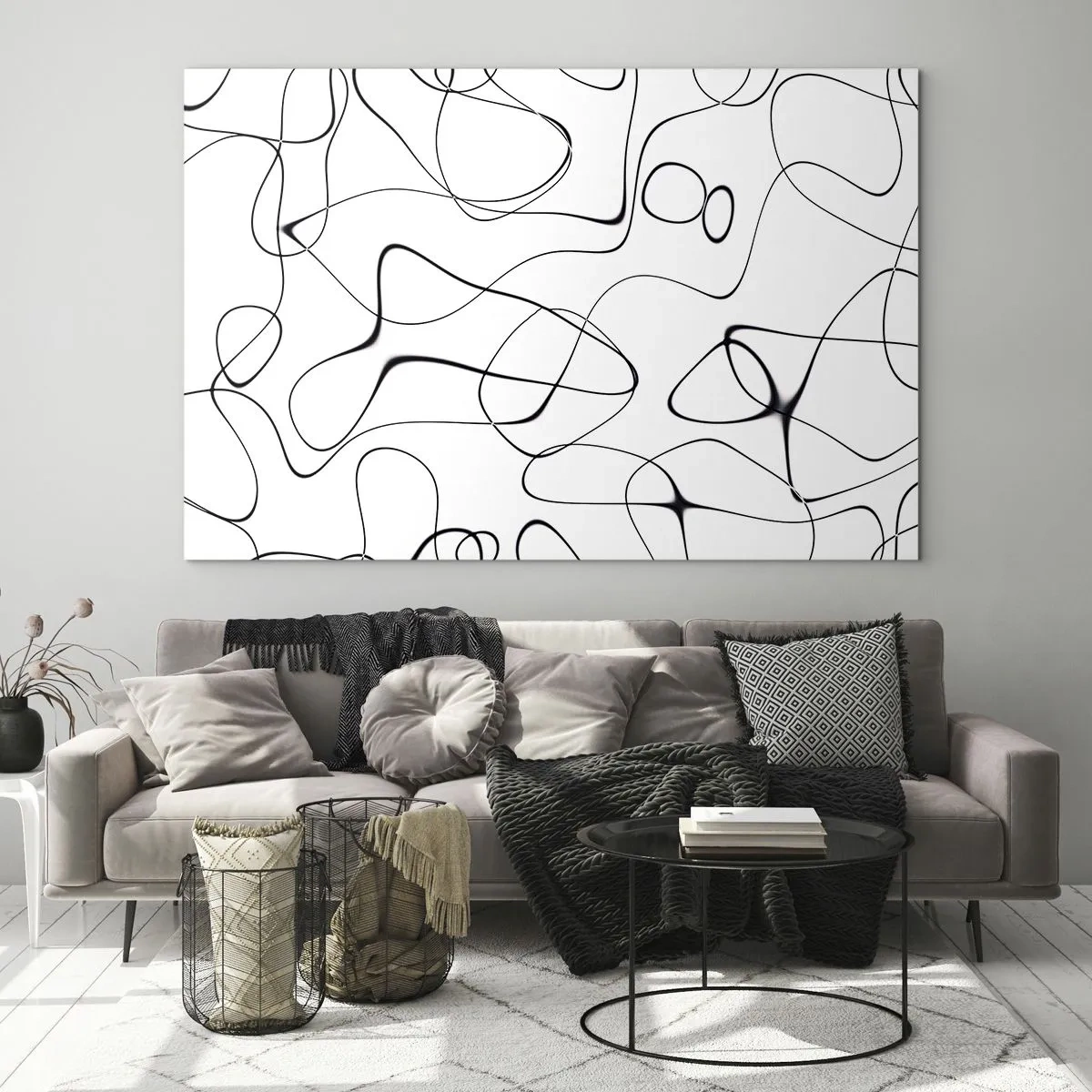 Obraz na szkle - Abstrakcyjne czarne linie na białym tle - 70x50cm - Ścieżki życia, koleje losu - Nowoczesna dekoracja ścienna do salonu i sypialni ARTTOR