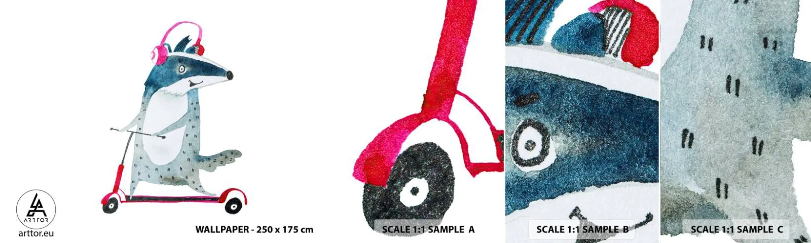 Fototapeta Próbka Samoprzylepna Deluxe Sticker - Borsucze radości - Dziecięcy, Hulajnoga, Zwierzę - 100x30 cm