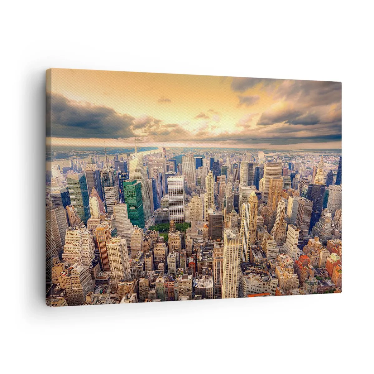 Obraz na płótnie - Panorama miasta z widokiem na drapacze chmur o zachodzie słońca - 70x50cm - Wyzłocone metropolis - Nowoczesna dekoracja ścienna do salonu i sypialni ARTTOR