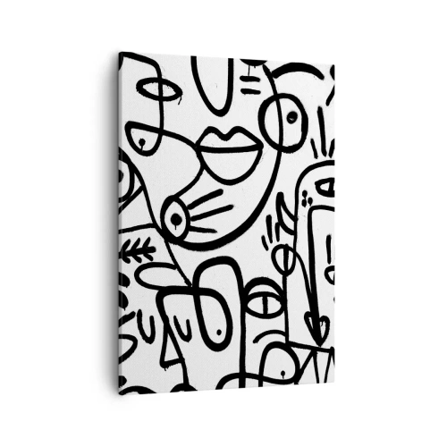 Obraz na płótnie - Czarno-biała abstrakcja z geometrycznymi twarzami - 50x70cm - Twarze i miraże - Nowoczesna dekoracja ścienna do salonu, kuchni i sypialni ARTTOR