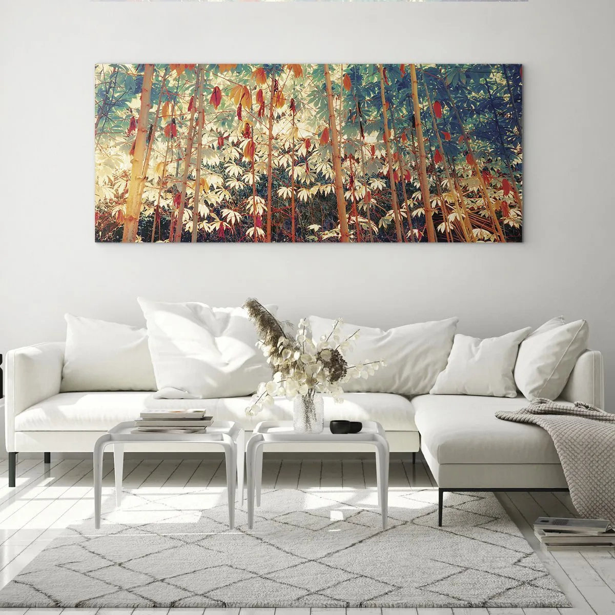Obraz na szkle - Kolorowy las bambusowy z intensywnymi barwami - 120x50cm - Tajemne życie liści - Nowoczesna dekoracja ścienna do salonu i sypialni ARTTOR