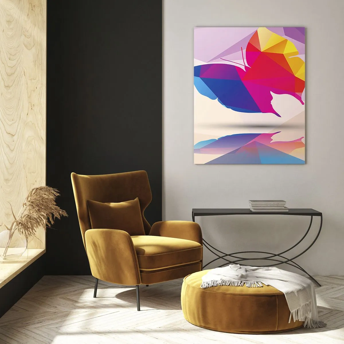 Obraz na szkle - Geometryczna sylwetka motyla w żywych kolorach - 70x100cm - Motyla tęcza - Nowoczesna dekoracja ścienna do salonu i sypialni ARTTOR
