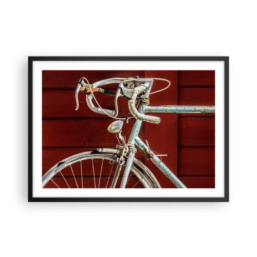 Plakat w czarnej ramie - Zabytkowy rower na tle czerwonej drewnianej ściany - 70x50cm - Stworzony do zwycięstw - Nowoczesna dekoracja ścienna do salonu i sypialni ARTTOR