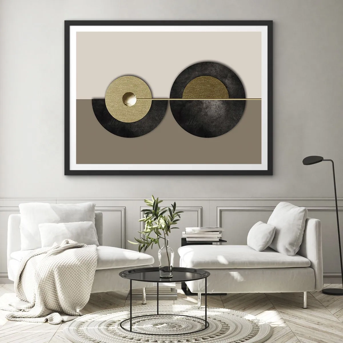 Plakat w czarnej ramie - Abstrakcyjne koła w odcieniach złota i brązu - 70x50cm - Wariacje wokół koła - Nowoczesna dekoracja ścienna do salonu i sypialni ARTTOR