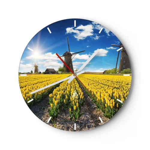 Zegar ścienny - Żółte tulipany na tle wiatraków i błękitnego nieba - 30x30cm - Bardziej holenderski być nie może - Nowoczesna dekoracja ścienna do salonu, kuchni i sypialni ARTTOR