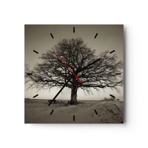 Zegar ścienny - Samotne drzewo na tle pola w sepii - 30x30cm - Stąd do wieczności - Nowoczesna dekoracja ścienna do salonu i sypialni ARTTOR