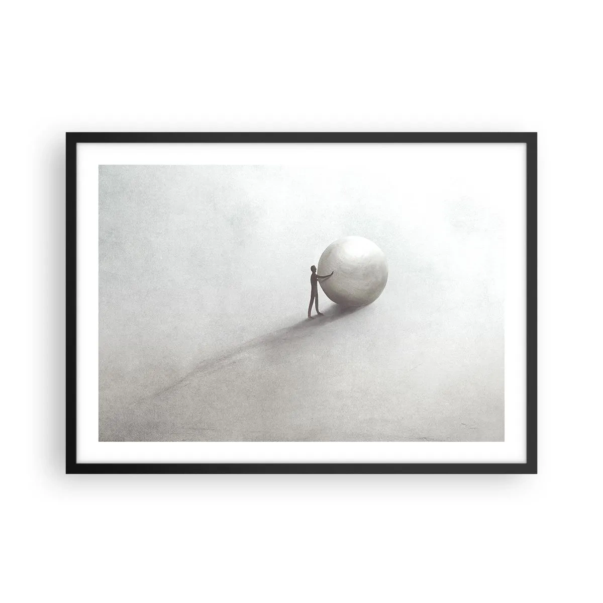 Plakat w czarnej ramie - Minimalistyczna postać z kulą na jasnym, monochromatycznym tle - 70x50cm - Gra życia - Nowoczesna dekoracja ścienna do salonu i sypialni ARTTOR