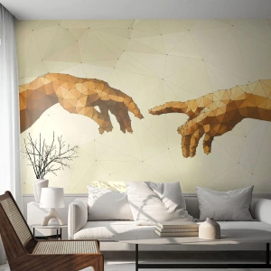 Fototapeta Premium Canvas - Geometryczne dłonie wyciągające się ku sobie na jasnym tle - 100x70cm - Boska geometria - Nowoczesna dekoracja ścienna do salonu i sypialni ARTTOR
