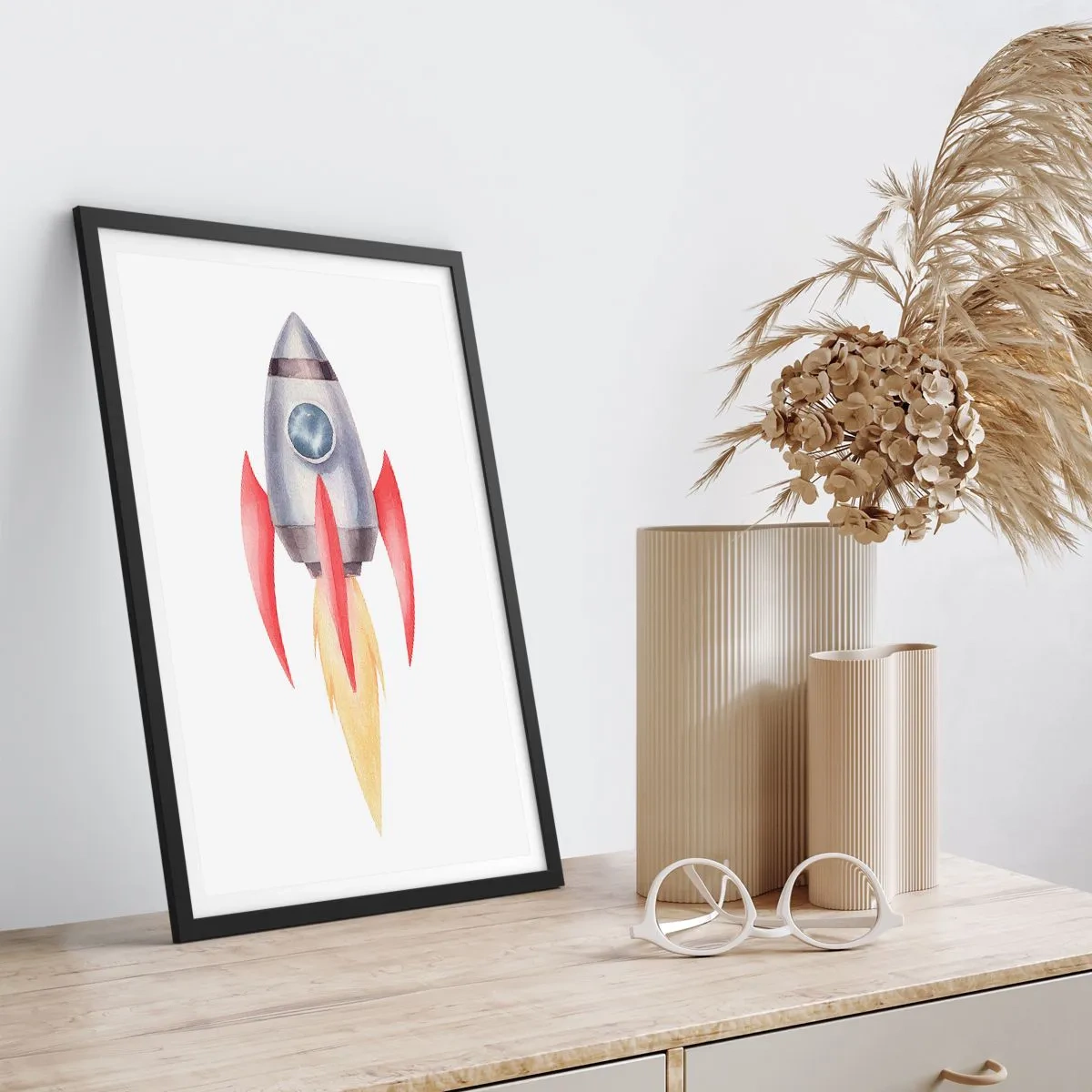 Plakat w czarnej ramie - Rakieta kosmiczna w akwarelowym stylu - 50x70cm - Wyżej, prędzej, dalej - Nowoczesna dekoracja ścienna do salonu i sypialni ARTTOR