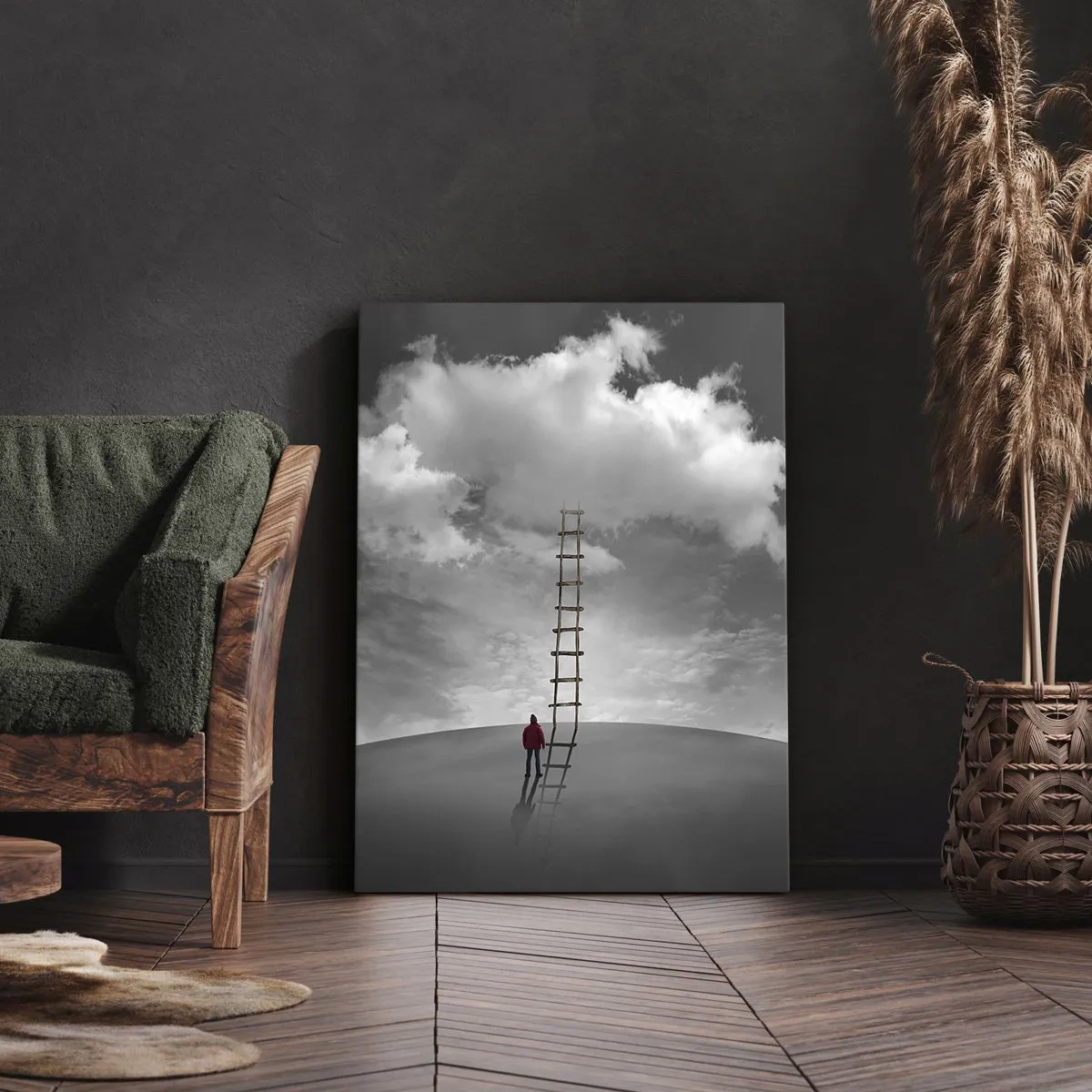Obraz na płótnie - Mężczyzna w czerwonej kurtce patrzy na drabinę sięgającą chmur na pustej, piaszczystej przestrzeni - 50x70cm - Wszystko możliwe - Nowoczesna dekoracja ścienna do salonu, kuchni i sypialni ARTTOR