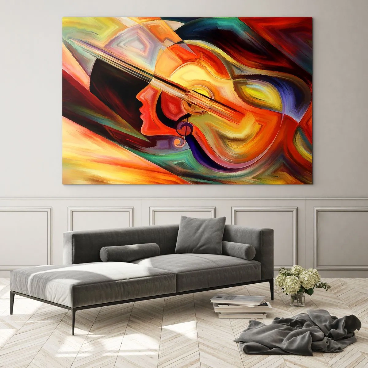 Obraz na szkle - Abstrakcyjny portret z gitarą w tle i nutami - 70x50cm - Wszystko gra - Nowoczesna dekoracja ścienna do salonu i sypialni ARTTOR