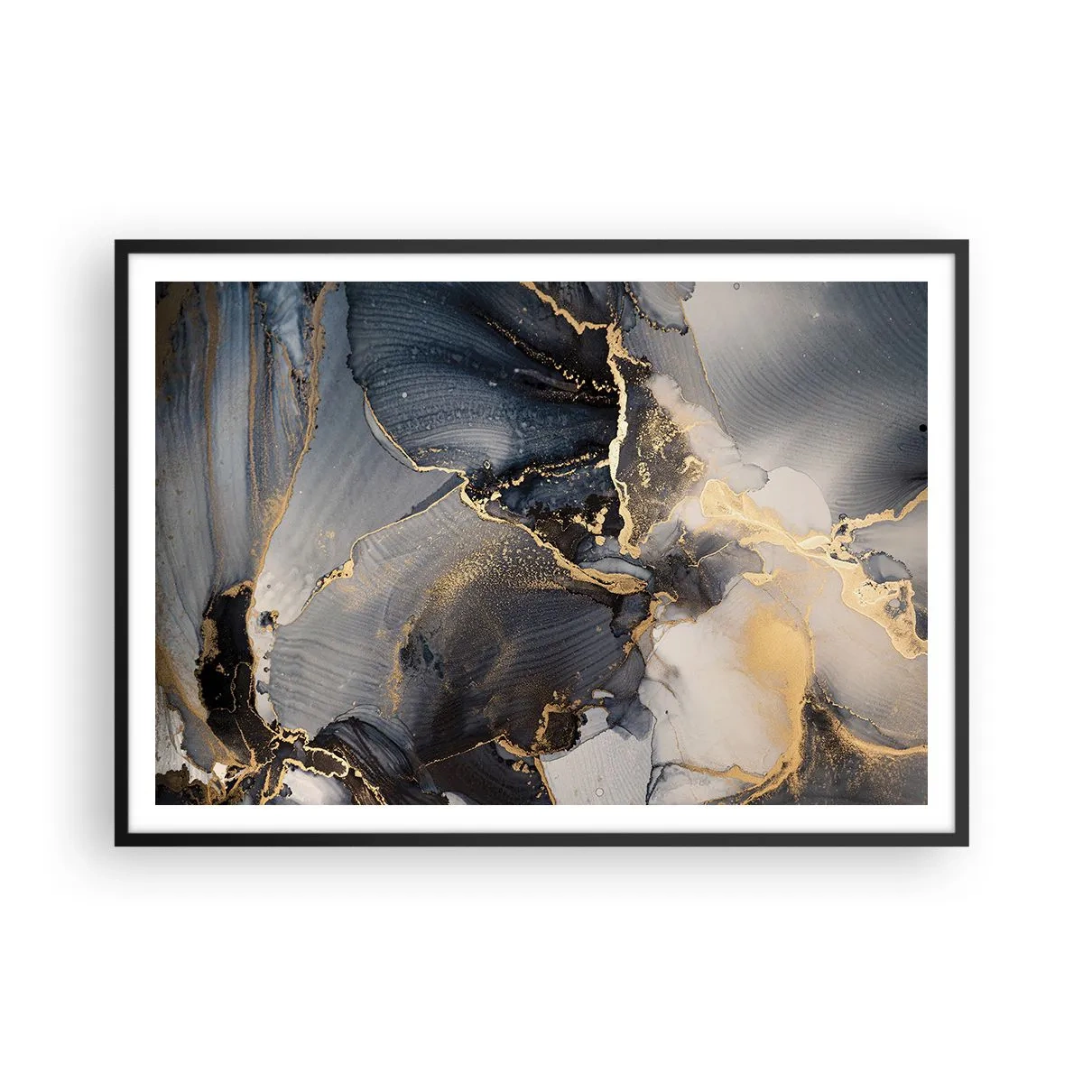 Plakat w czarnej ramie - Abstrakcyjne złoto i szarość na płótnie - 100x70cm - Życie kamienia - Nowoczesna dekoracja ścienna do salonu i sypialni ARTTOR