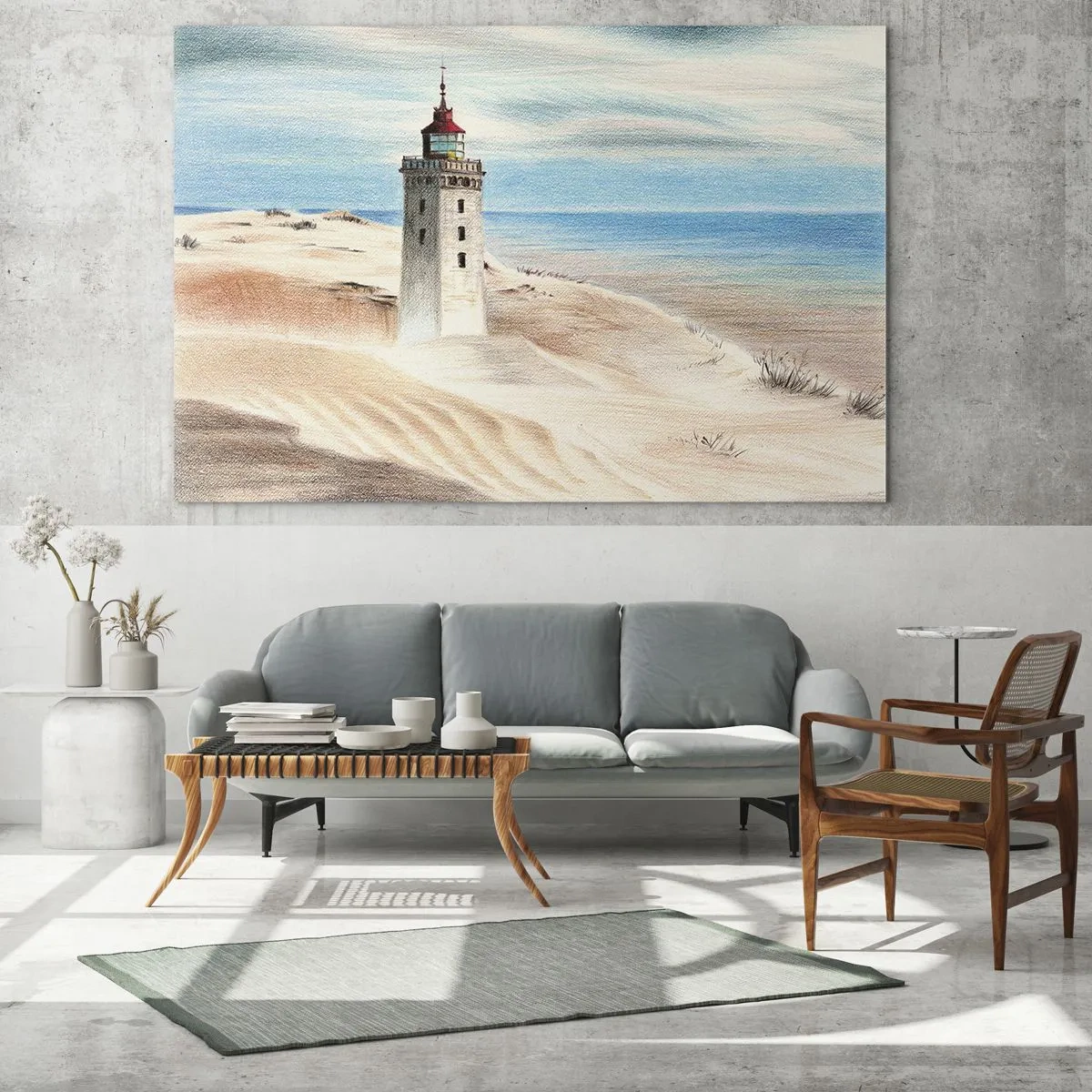 Obraz na szkle - Latarnia morska na pustynnej wydmie przy spokojnym morzu - 70x50cm - Zawsze wpatrzona w morze - Nowoczesna dekoracja ścienna do salonu i sypialni ARTTOR