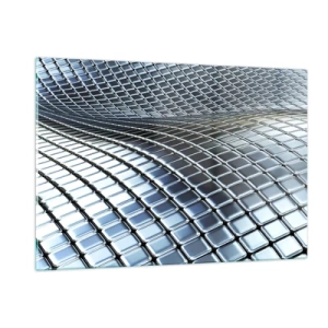 Obraz na szkle - Abstrakcyjna powierzchnia z lśniącymi metalowymi kwadratami - 120x80cm - Metaliczna srebrna fala - Nowoczesna dekoracja ścienna do salonu, kuchni i sypialni ARTTOR
