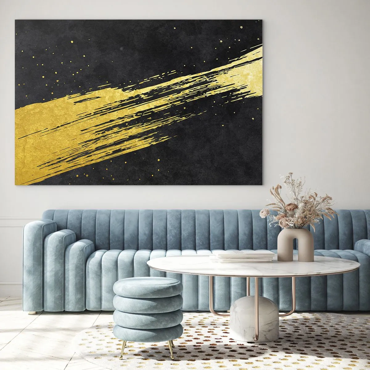 Obraz na szkle - Złoty pędzel na czarnym tle w dynamicznej, abstrakcyjnej formie - 70x50cm - Skok w nadprzestrzeń - Nowoczesna dekoracja ścienna do salonu i sypialni ARTTOR