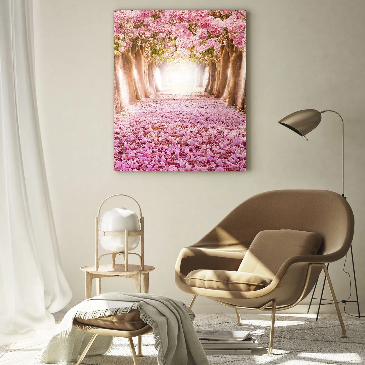Obraz na szkle - Aleja kwitnących drzew z różowymi płatkami na ziemi - 50x70cm - Droga do raju - Nowoczesna dekoracja ścienna do salonu, kuchni i sypialni ARTTOR