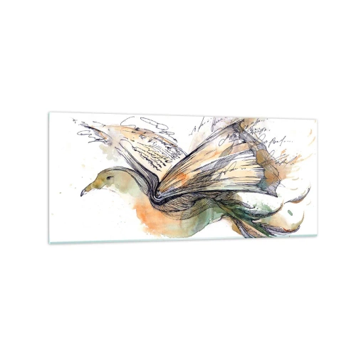 Obraz na szkle - Artystyczna akwarela ptaka z książką jako skrzydłami - 120x50cm - Na skrzydłach poezji - Nowoczesna dekoracja ścienna do salonu i sypialni ARTTOR