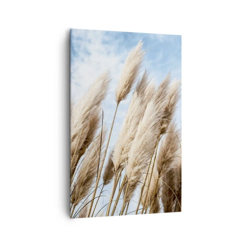 Obraz na płótnie - Delikatne trawy pampasowe na tle błękitnego nieba z lekkimi chmurami - 80x120cm - Słoneczna i wietrzna pieszczota - Nowoczesna dekoracja ścienna do salonu i sypialni ARTTOR