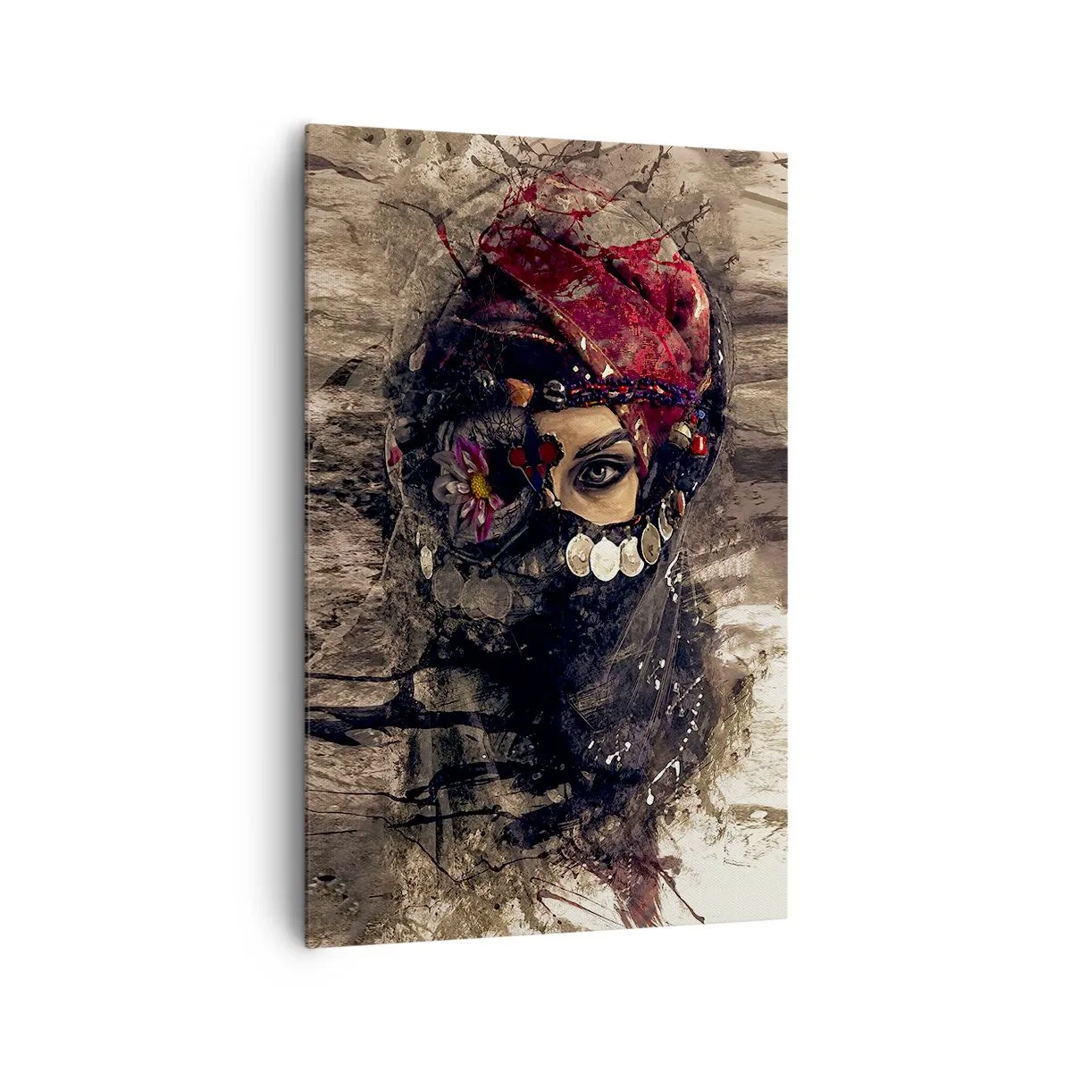 Obraz na płótnie - Artystyczny portret kobiety w orientalnym stroju na abstrakcyjnym tle - 80x120cm - Co najmniej niepokojąca - Nowoczesna dekoracja ścienna do salonu i sypialni ARTTOR
