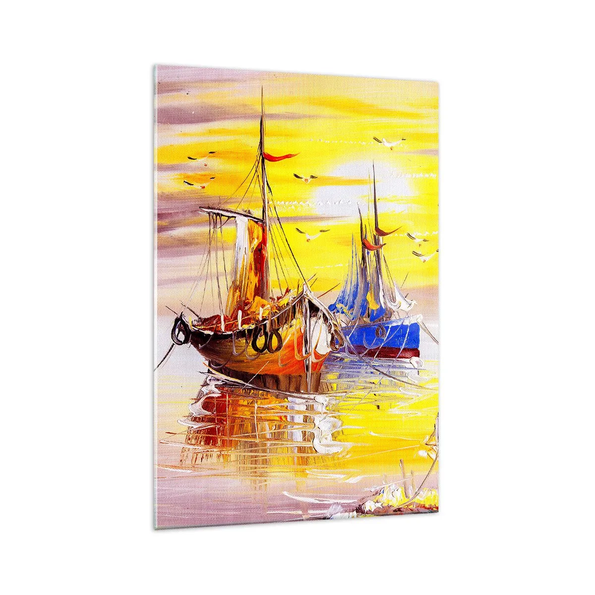 Obraz na szkle - Malarska scena z łodziami na spokojnym morzu - 70x100cm - Zasłużony odpoczynek w porcie - Nowoczesna dekoracja ścienna do salonu i sypialni ARTTOR