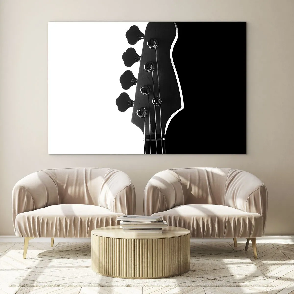 Obraz na szkle - Główka gitary basowej w czerni i bieli z cieniem - 70x50cm - Rockowa cisza - Nowoczesna dekoracja ścienna do salonu i sypialni ARTTOR