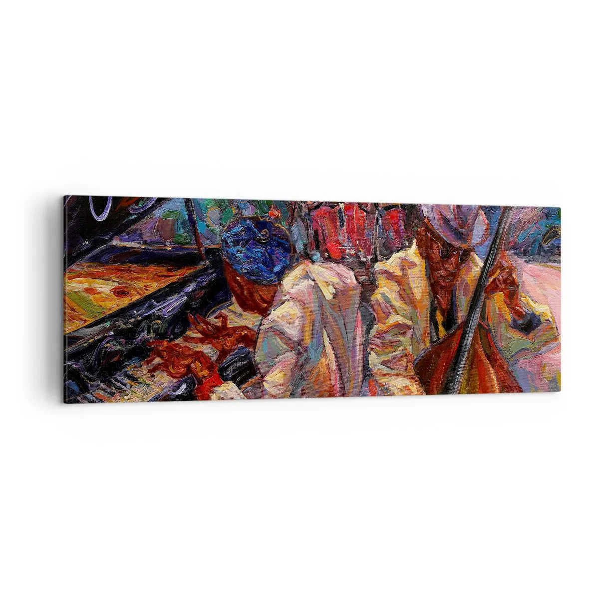Obraz na płótnie - Energetyczna scena jazzowa z muzykami i instrumentami - 140x50cm - W jednym rytmie - Nowoczesna dekoracja ścienna do salonu i sypialni ARTTOR