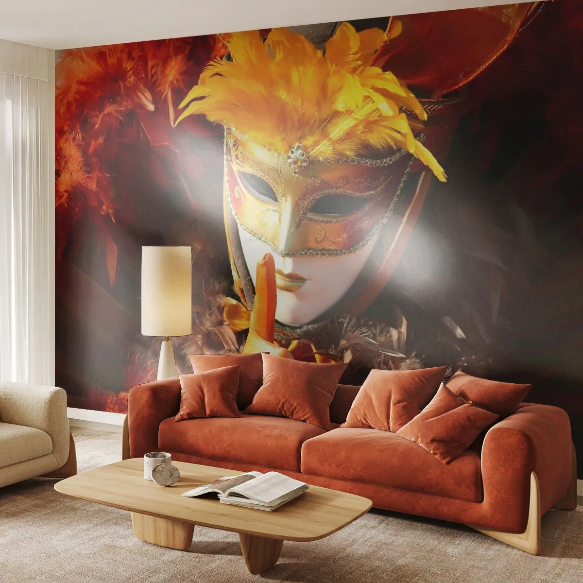 Fototapeta Premium Sand - Karnawałowa maska w złotych i pomarańczowych odcieniach - 100x70cm - Tajemnica to część gry - Nowoczesna dekoracja ścienna do salonu, kuchni i sypialni ARTTOR